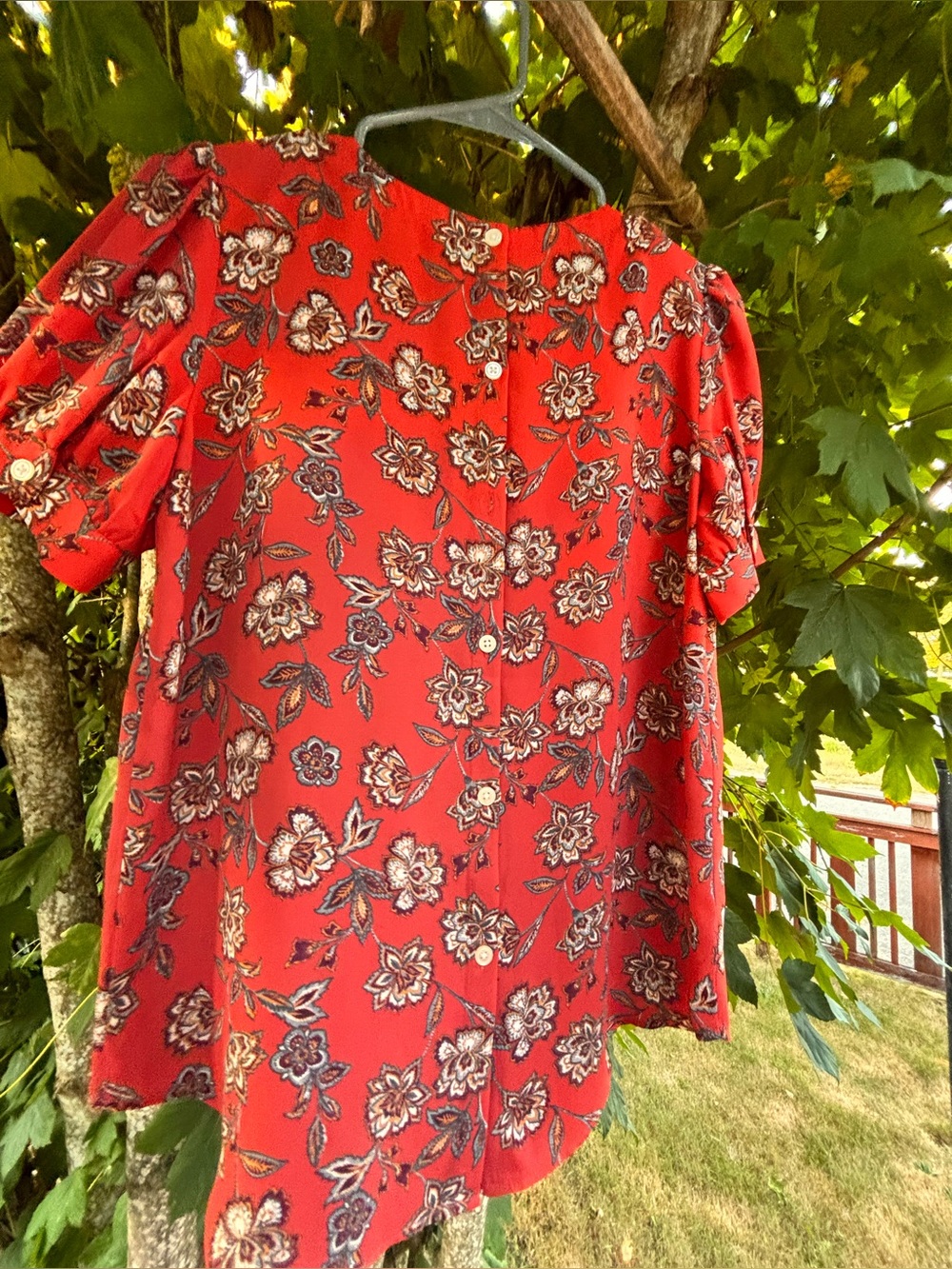 LOFT Dark Salmon Orange Floral Button-Back Blouse.